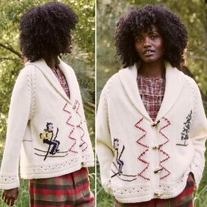 THE GREAT. Cream Cardigan with Red and Blue Accents